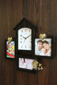 FunkyTradition Designer Black House Shape Love and Family Frames for 3 Photos with Clock for Home Office Decor and Anniversary Valentines Birthday Housewarming Gifts 43 CM Wide