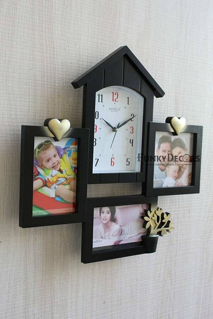 FunkyTradition Designer Black House Shape Love and Family Frames for 3 Photos with Clock for Home Office Decor and Anniversary Valentines Birthday Housewarming Gifts 43 CM Wide