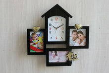 Load image into Gallery viewer, FunkyTradition Designer Black House Shape Love and Family Frames for 3 Photos with Clock for Home Office Decor and Anniversary Valentines Birthday Housewarming Gifts 43 CM Wide
