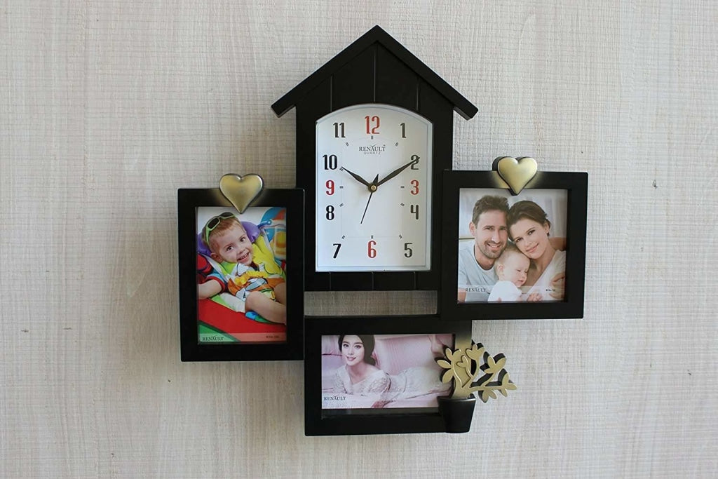 FunkyTradition Designer Black House Shape Love and Family Frames for 3 Photos with Clock for Home Office Decor and Anniversary Valentines Birthday Housewarming Gifts 43 CM Wide