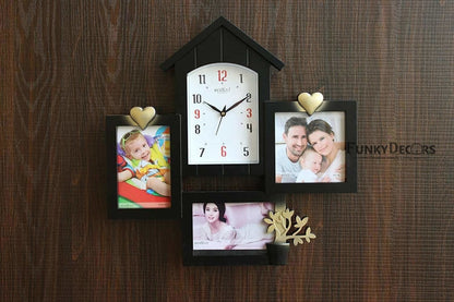 FunkyTradition Designer Black House Shape Love and Family Frames for 3 Photos with Clock for Home Office Decor and Anniversary Valentines Birthday Housewarming Gifts 43 CM Wide