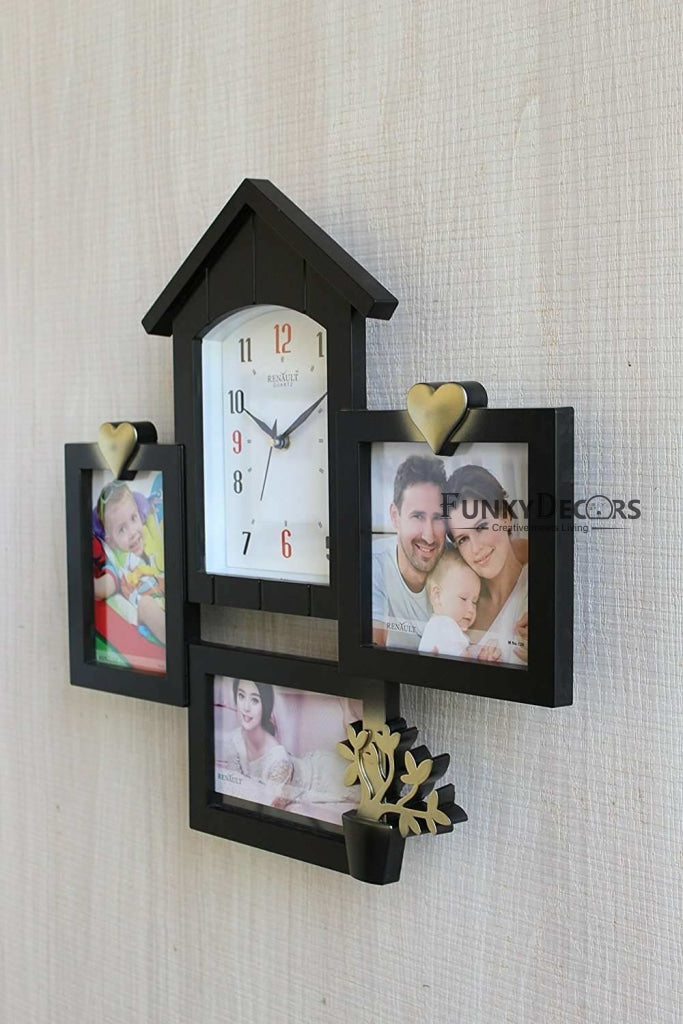 FunkyTradition Designer Black House Shape Love and Family Frames for 3 Photos with Clock for Home Office Decor and Anniversary Valentines Birthday Housewarming Gifts 43 CM Wide