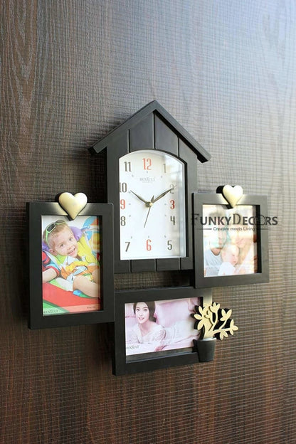 FunkyTradition Designer Black House Shape Love and Family Frames for 3 Photos with Clock for Home Office Decor and Anniversary Valentines Birthday Housewarming Gifts 43 CM Wide