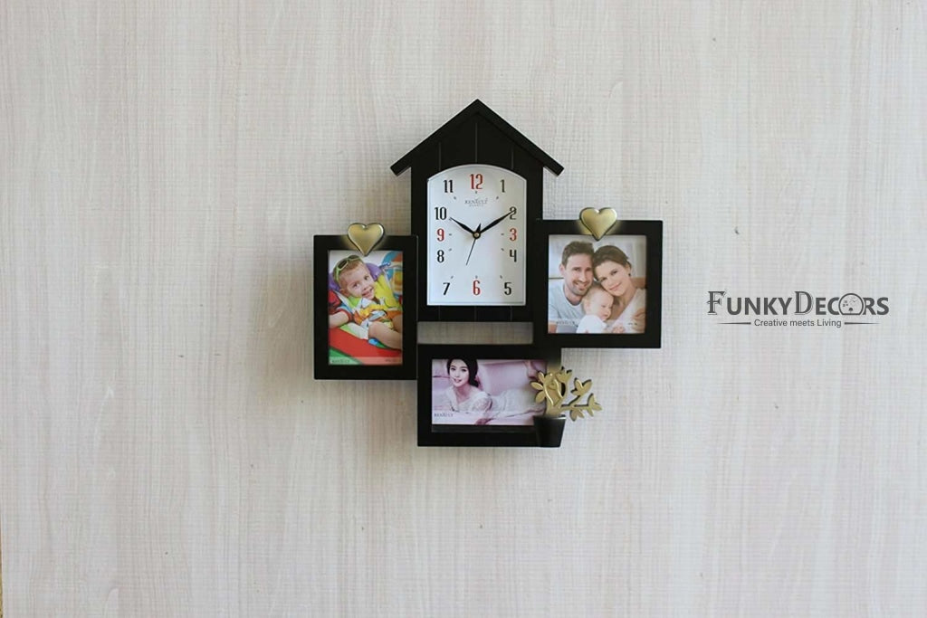 FunkyTradition Designer Black House Shape Love and Family Frames for 3 Photos with Clock for Home Office Decor and Anniversary Valentines Birthday Housewarming Gifts 43 CM Wide