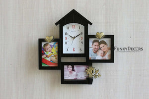 FunkyTradition Designer Black House Shape Love and Family Frames for 3 Photos with Clock for Home Office Decor and Anniversary Valentines Birthday Housewarming Gifts 43 CM Wide