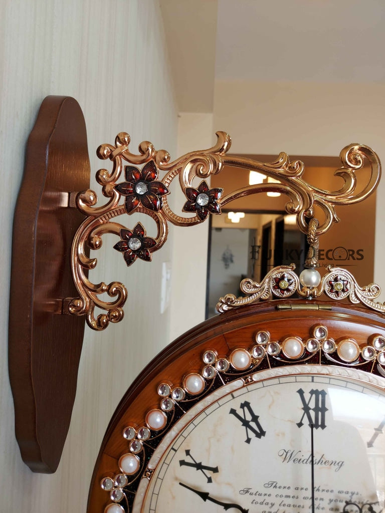 FunkyDecors Designer Diamond Studded Antique-Look Wooden Brown Round Wall Hanging Double Sided 2