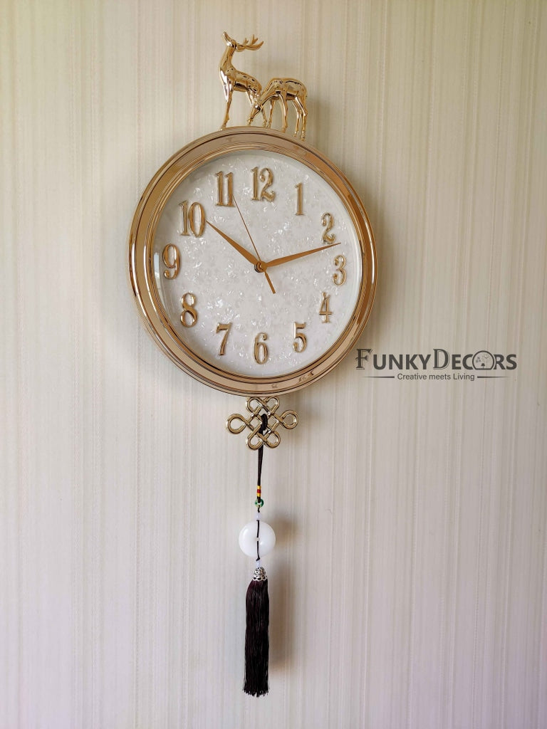 FunkyDecors Designer Golden White Reindeer Tessel Wall Clock Watch Decor For Home Office And