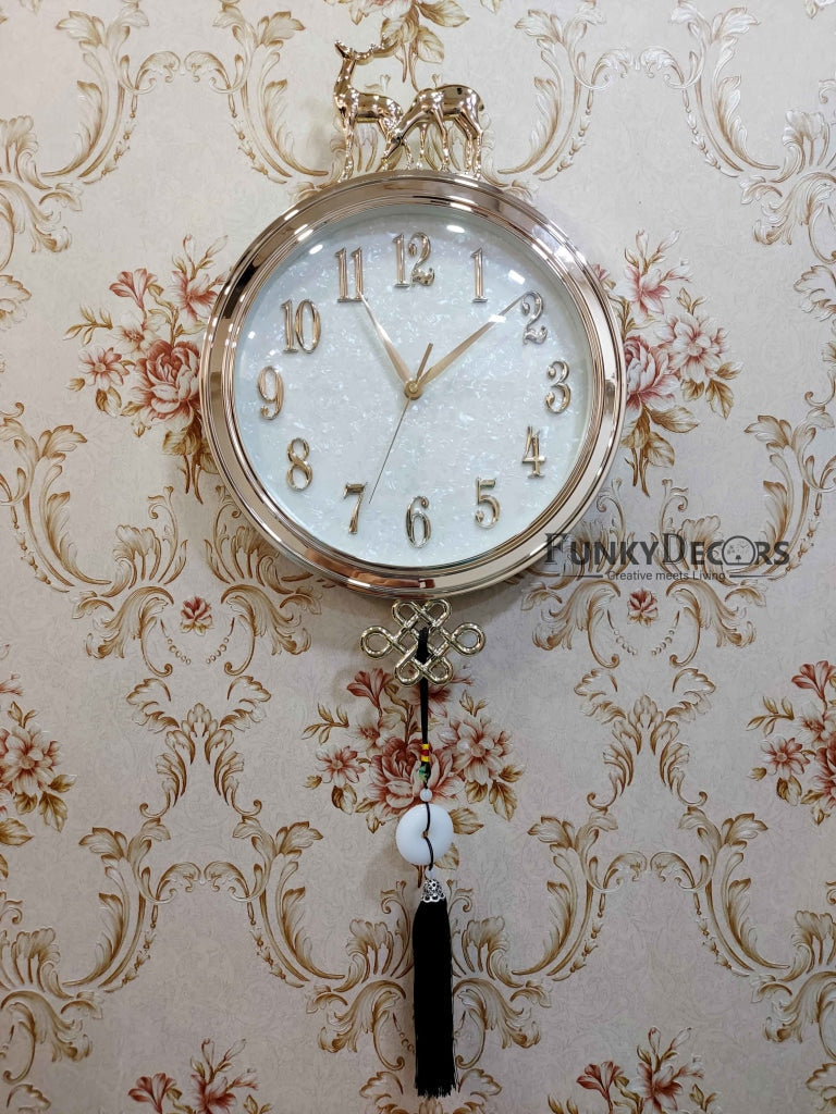Funkytradition Designer Golden White Reindeer Tessel Wall Clock Watch Decor For Home Office And
