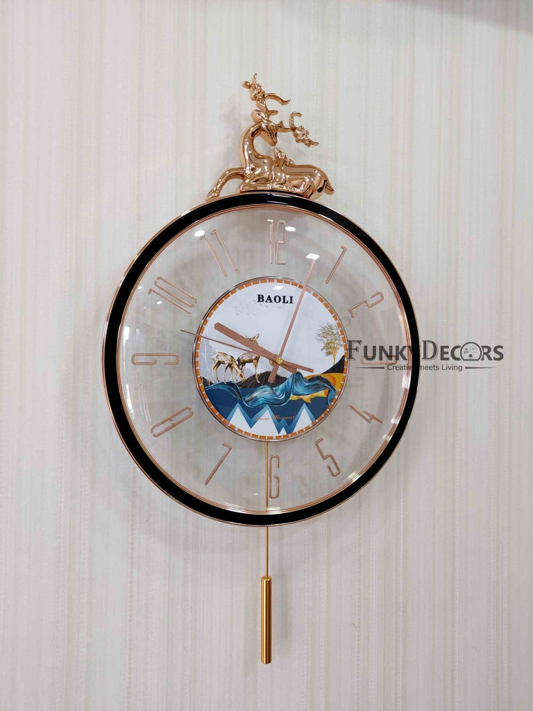 FunkyDecors Designer Minimal Transparent Reindeer Pendulum Wall Clock Watch Decor For Home Office