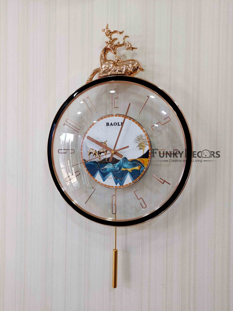 FunkyDecors Designer Minimal Transparent Reindeer Pendulum Wall Clock Watch Decor For Home Office