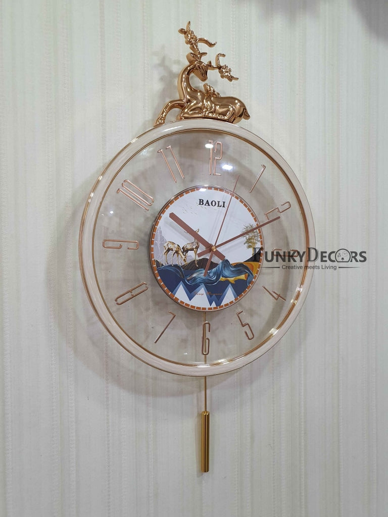 FunkyDecors Designer Minimal Transparent Reindeer Pendulum Wall Clock Watch Decor For Home Office