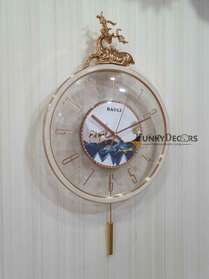 Funkytradition Designer Minimal Transparent Reindeer Pendulum Wall Clock Watch Decor For Home Office