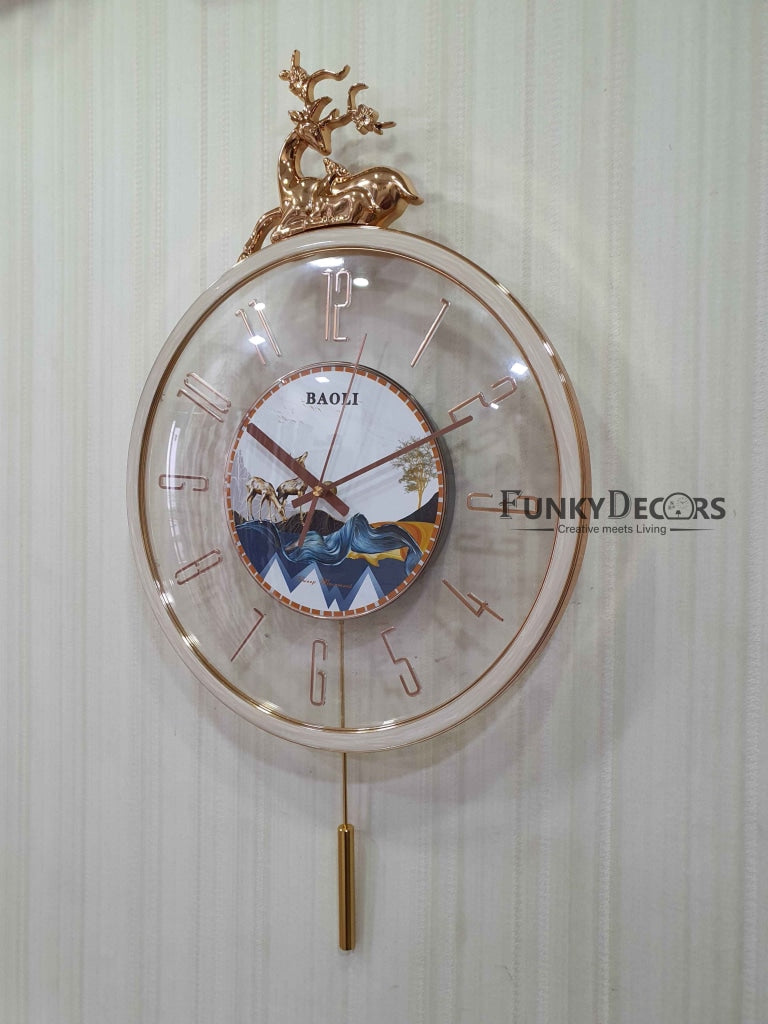 FunkyDecors Designer Minimal Transparent Reindeer Pendulum Wall Clock Watch Decor For Home Office