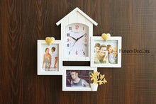 Load image into Gallery viewer, FunkyTradition Designer White House Shape Love and Family Frames for 3 Photos with Clock for Home Office Decor and Anniversary Valentines Birthday Housewarming Gifts 43 CM Wide
