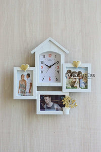 FunkyTradition Designer White House Shape Love and Family Frames for 3 Photos with Clock for Home Office Decor and Anniversary Valentines Birthday Housewarming Gifts 43 CM Wide