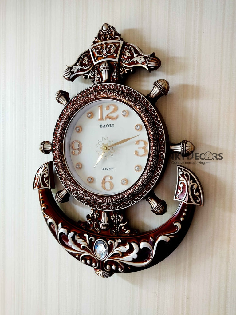 Funkytradition Diamond Studded Anchor Brown Color Wall Clock For Home Office Decor And Gifts 57 Cm