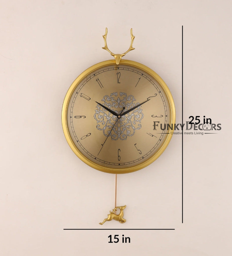 Funkytradition Gold Reindeer Pendulum Wall Clock Watch Décor For Home Office Decor And Gifts 65 Cm