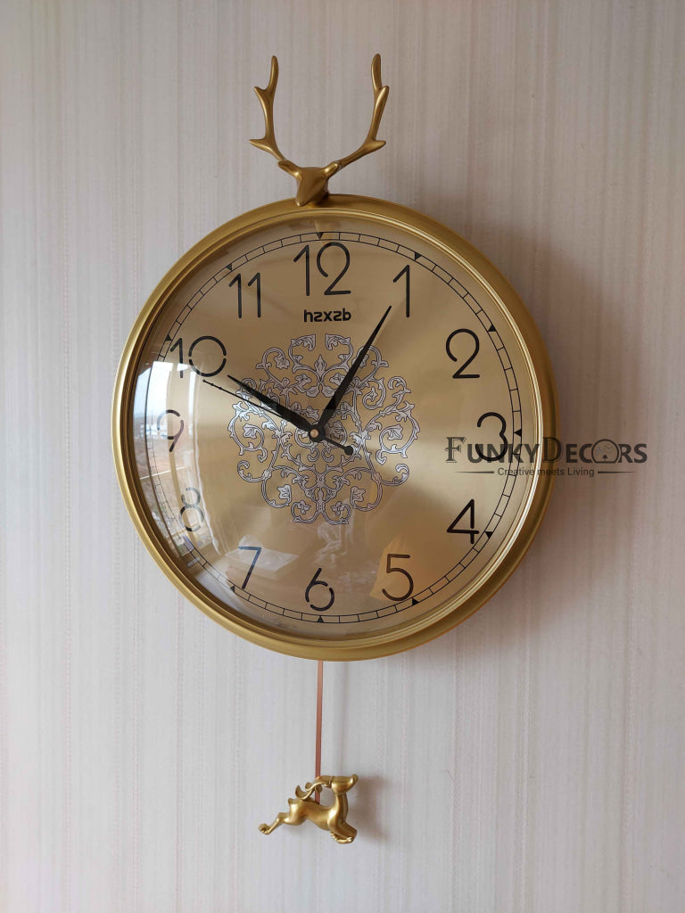 FunkyDecors Gold Reindeer Pendulum Wall Clock Watch Décor For Home Office Decor And Gifts 65 Cm