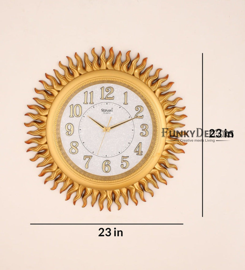 Funkytradition Golden Sun Shaped Wall Clock Watch Decor For Home Office And Gifts 60 Cm Tall Clocks