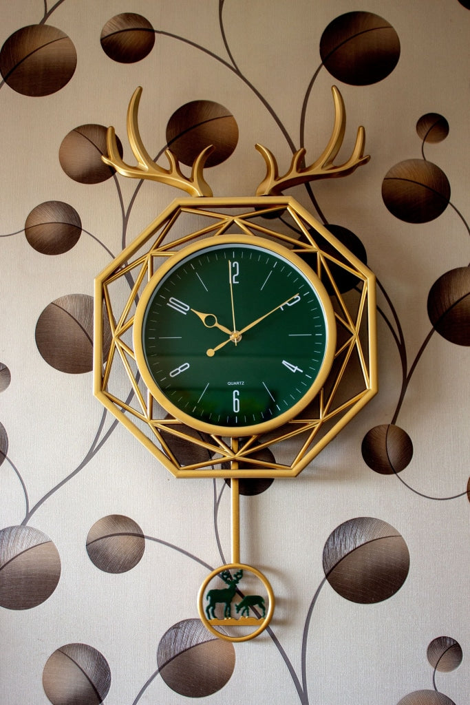 FunkyDecors Hexagon Multicolor Reindeer Pendulum Wall Clock Watch Decor For Home Office And Gifts