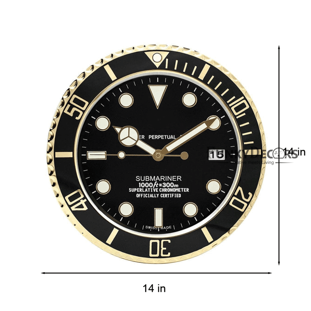 FunkyDecors Luxury Black Golden Submariner Stainless Steel Wall Clock For Royal Home And