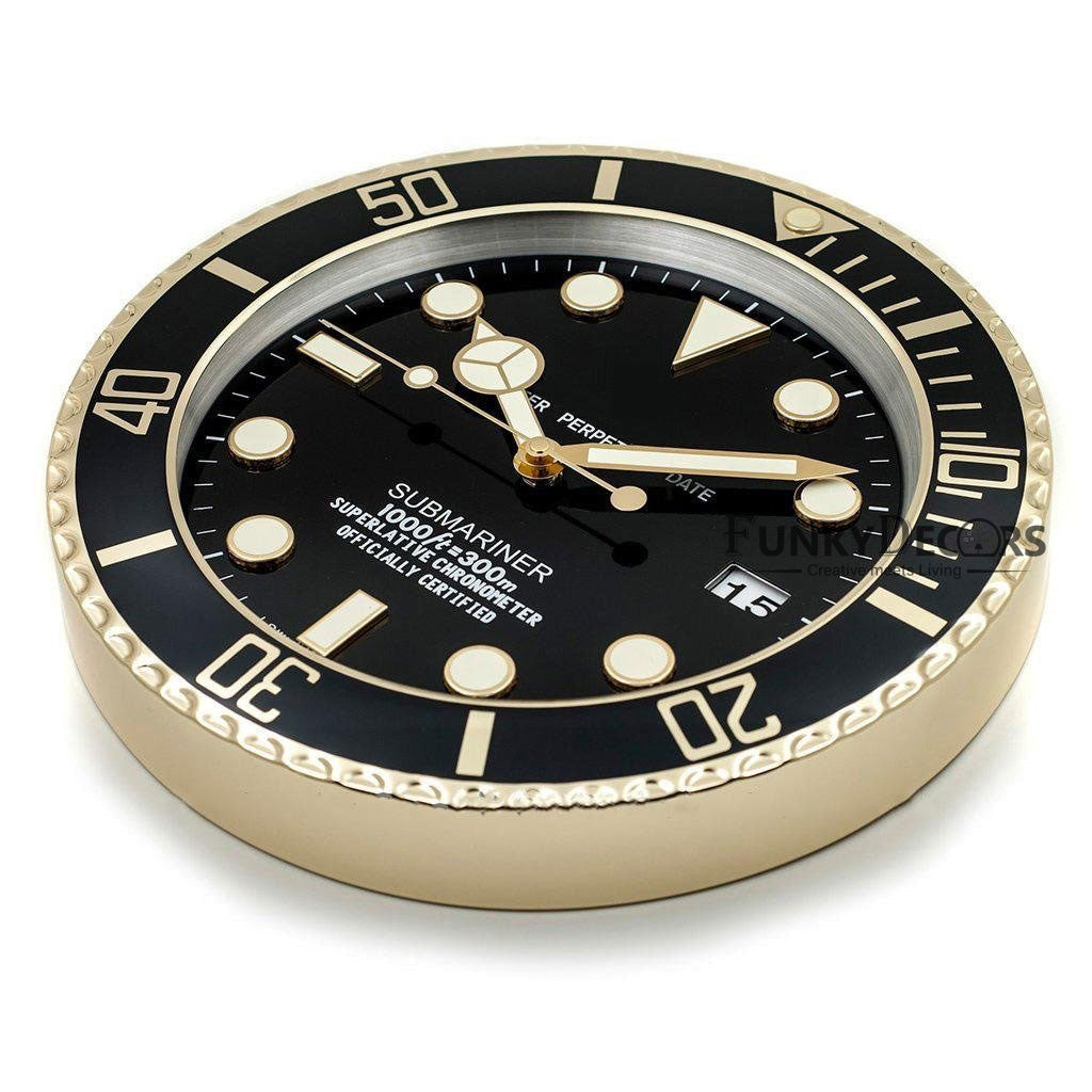 FunkyDecors Luxury Black Golden Submariner Stainless Steel Wall Clock For Royal Home And