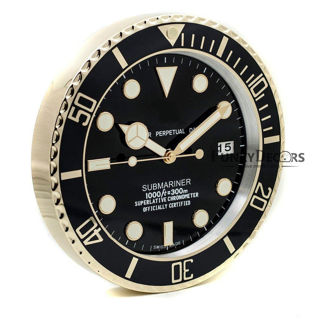 FunkyDecors Luxury Black Golden Submariner Stainless Steel Wall Clock For Royal Home And