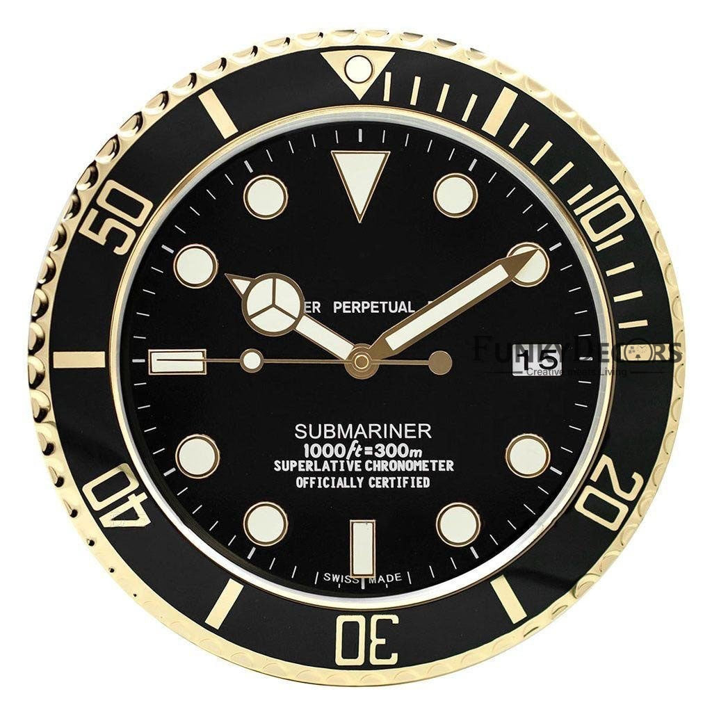 FunkyDecors Luxury Black Golden Submariner Stainless Steel Wall Clock For Royal Home And