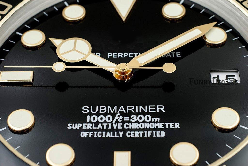 FunkyDecors Luxury Black Golden Submariner Stainless Steel Wall Clock For Royal Home And