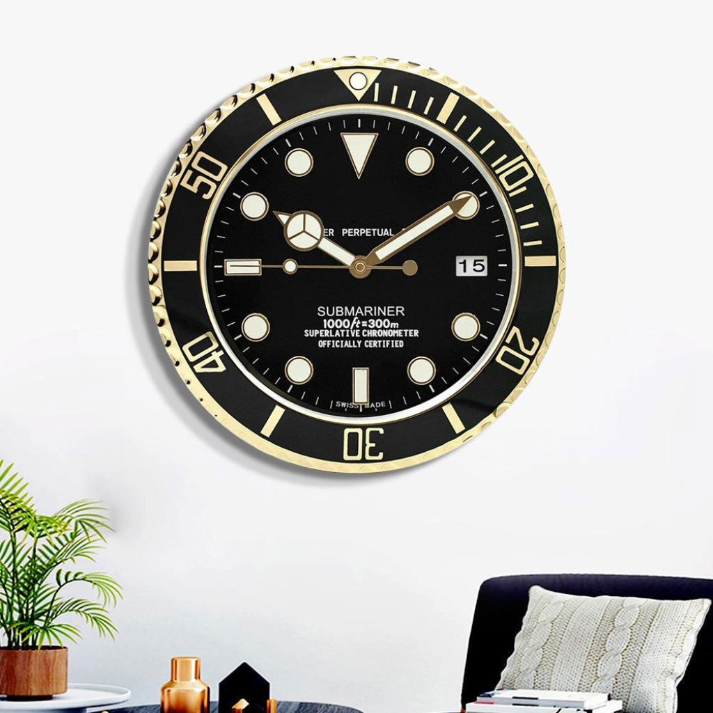 FunkyDecors Luxury Black Golden Submariner Stainless Steel Wall Clock For Royal Home And