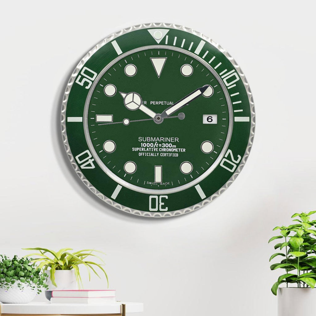 FunkyDecors Luxury Green Submariner Stainless Steel Wall Clock For Royal Home And Bungalows Watch