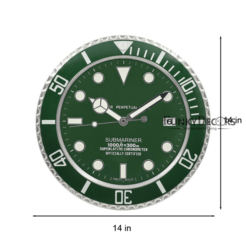 FunkyDecors Luxury Green Submariner Stainless Steel Wall Clock For Royal Home And Bungalows Watch