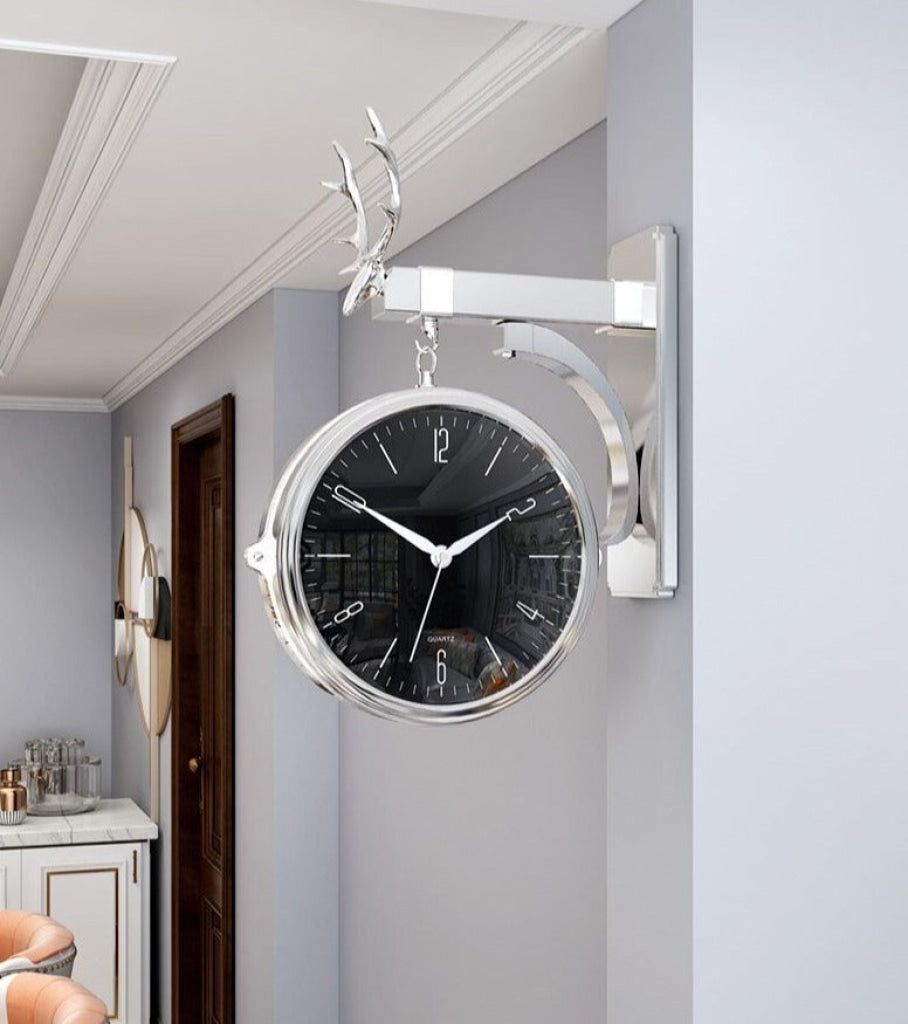 Funkytradition Luxury Look Deer Silver Round Wall Hanging Double Sided 2 Faces Retro Station Clock