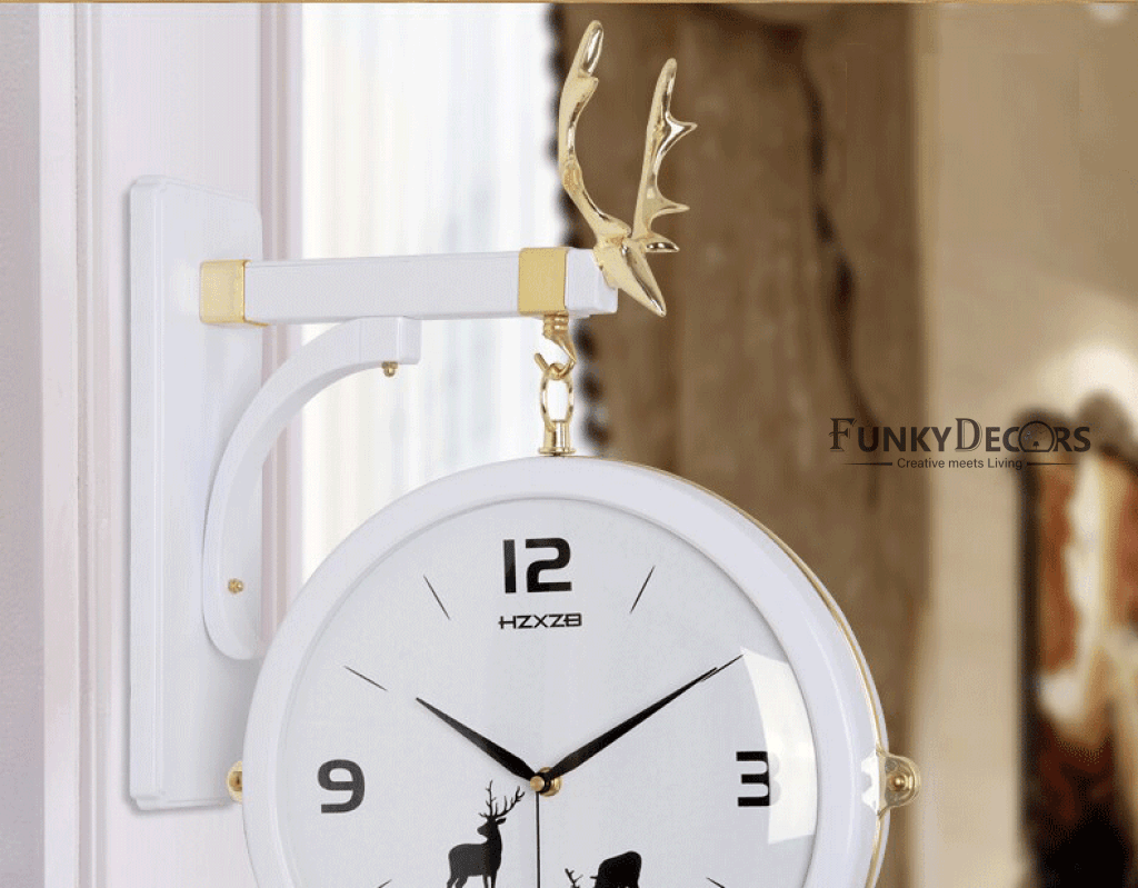 Funkytradition Luxury Look Deer White Round Wall Hanging Double Sided 2 Faces Retro Station Clock