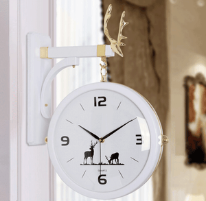 Funkytradition Luxury Look Deer White Round Wall Hanging Double Sided 2 Faces Retro Station Clock