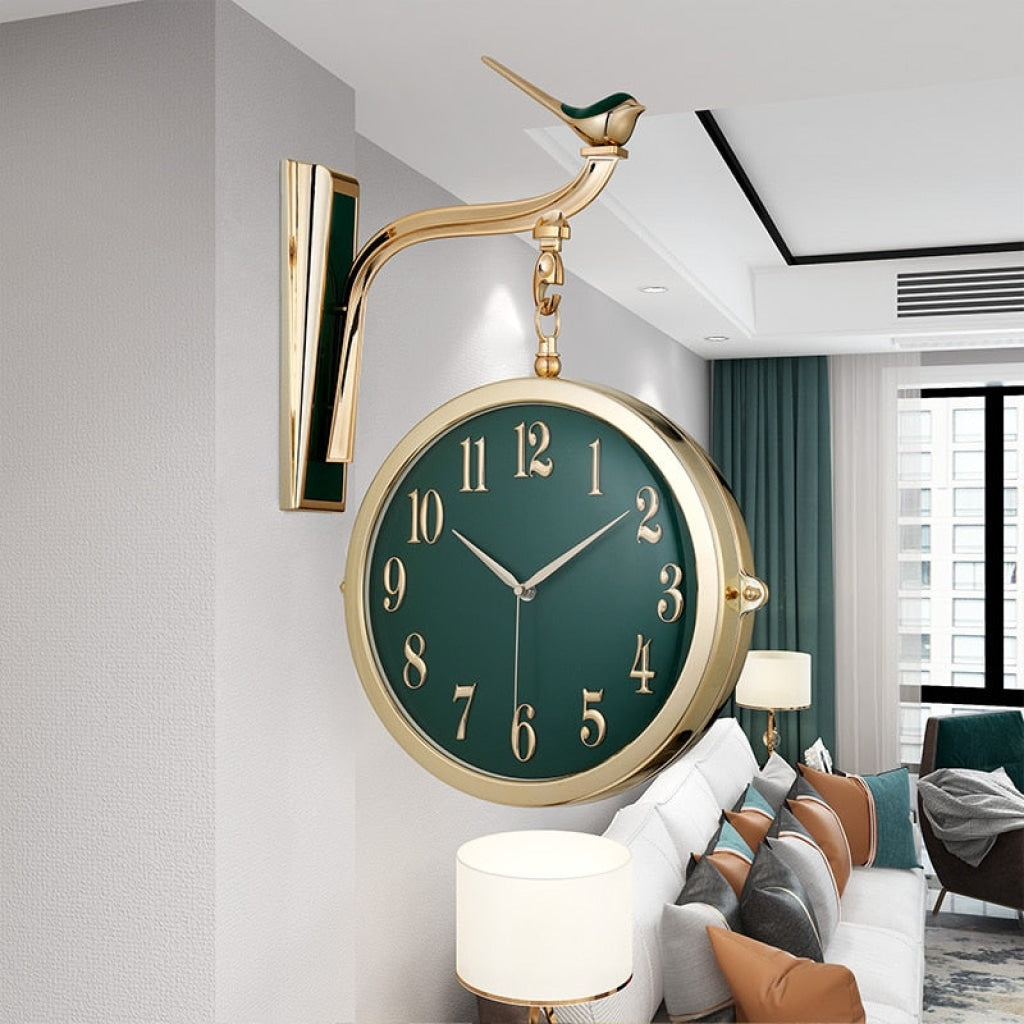 FunkyTradition Luxury Look Sparrow Golden Green Round Wall Hanging Double Sided 2 Faces Retro Station Wall Clock