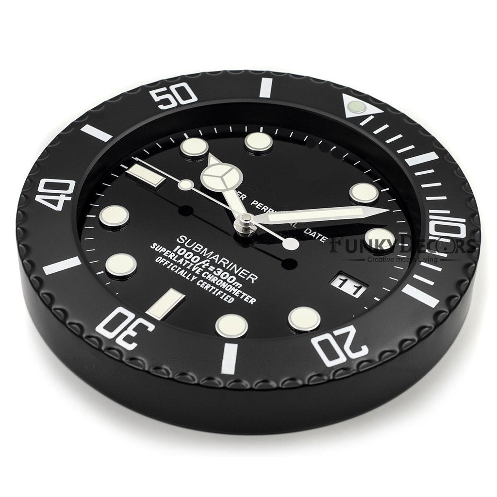 FunkyDecors Luxury Matte Black Submariner Stainless Steel Wall Clock For Royal Home And Bungalows