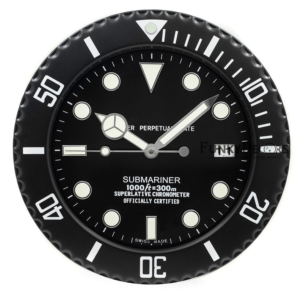 FunkyDecors Luxury Matte Black Submariner Stainless Steel Wall Clock For Royal Home And Bungalows