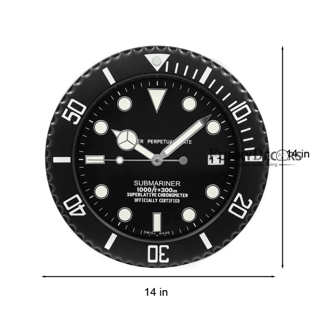 FunkyDecors Luxury Matte Black Submariner Stainless Steel Wall Clock For Royal Home And Bungalows
