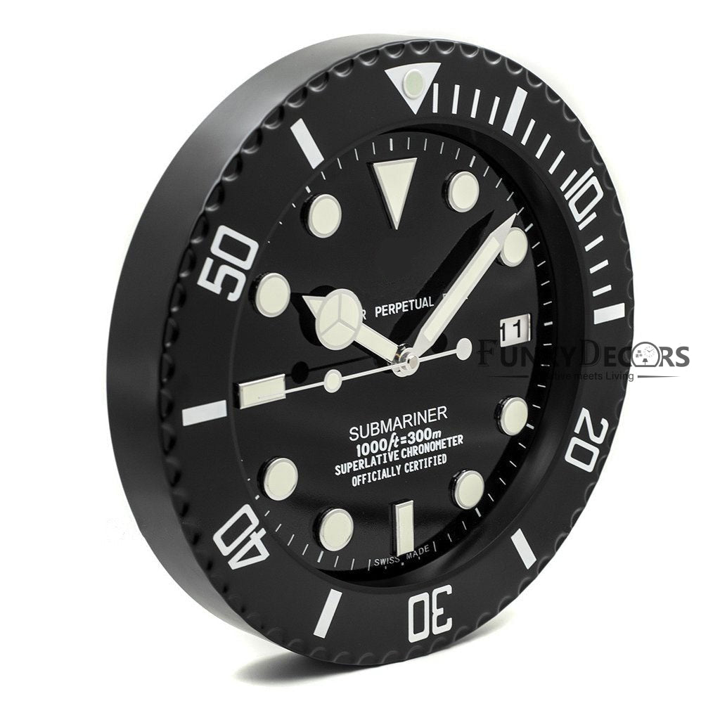 FunkyDecors Luxury Matte Black Submariner Stainless Steel Wall Clock For Royal Home And Bungalows