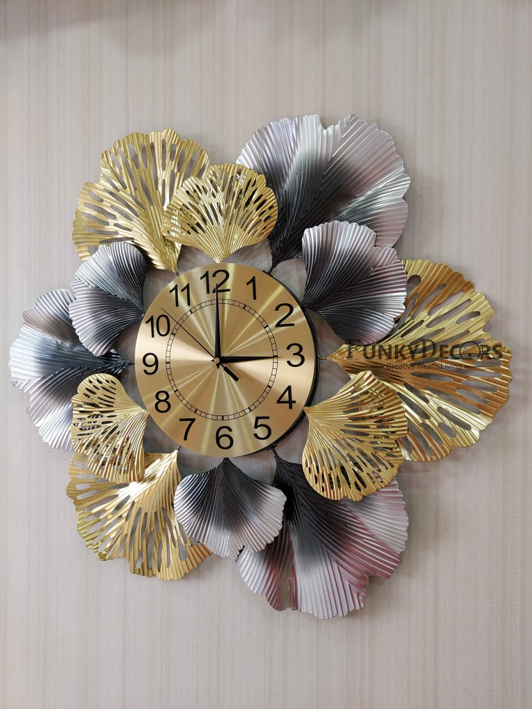 FunkyDecors Luxury Multicolor Big Flower Design Silent Metal Wall Clock Watch Decor For Home