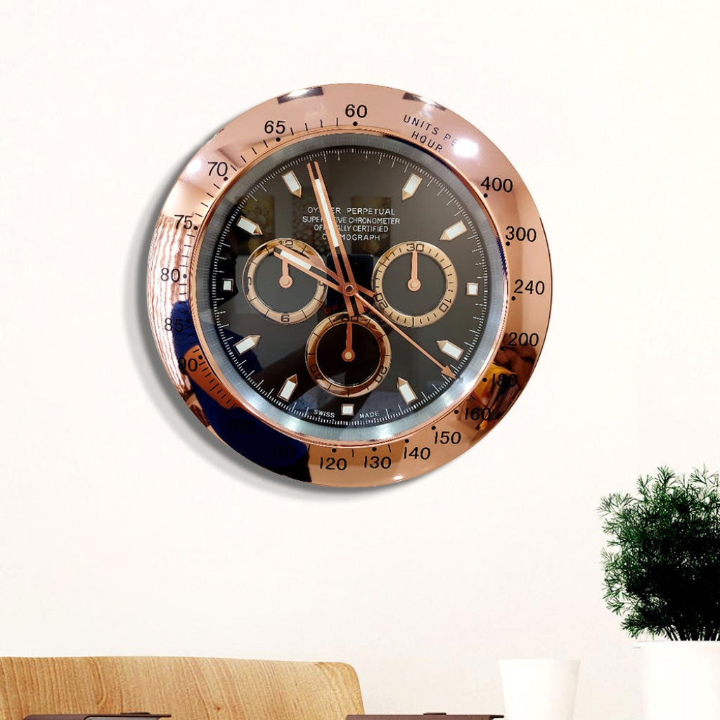 Funkytradition Luxury Rose Gold Black Stainless Steel Wall Clock For Royal Home And Bungalows Watch