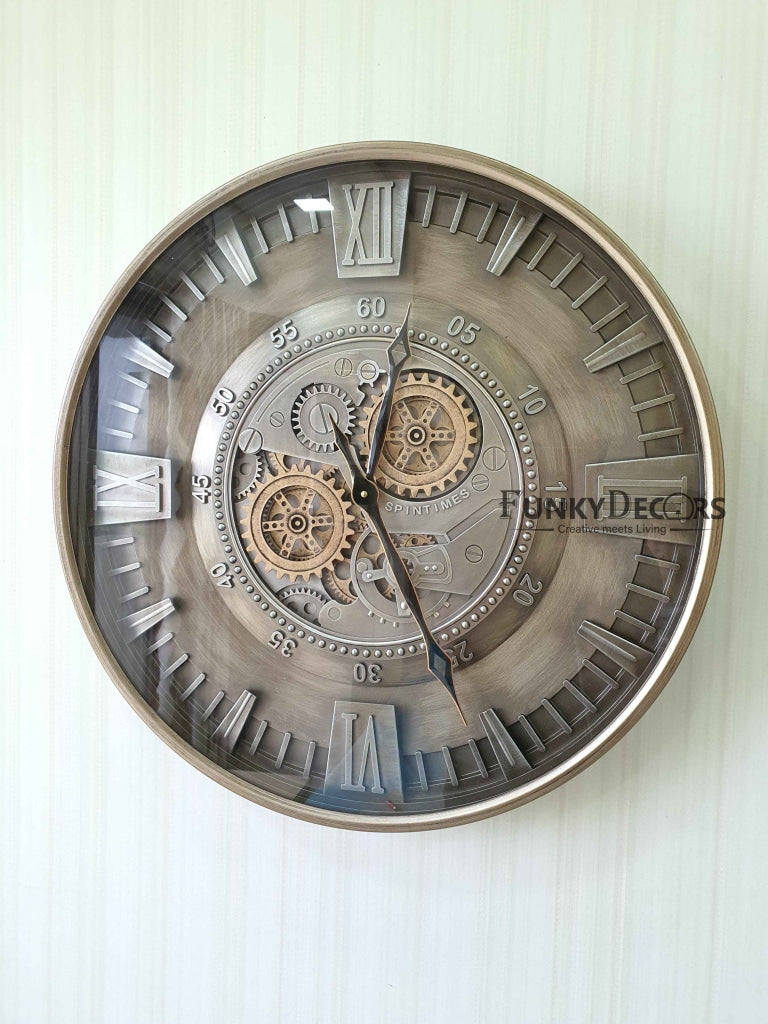 Funkytradition Metallic Royal Retro Style Metal Wall Clock With Glass Frame And Moving Gear