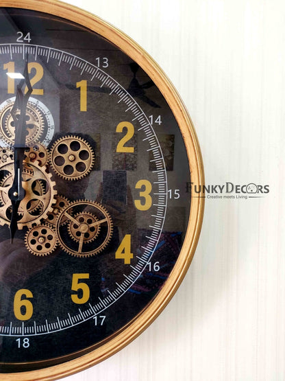 Funkytradition Metallic Royal Retro Style Metal Wall Clock With Glass Frame And Moving Gear