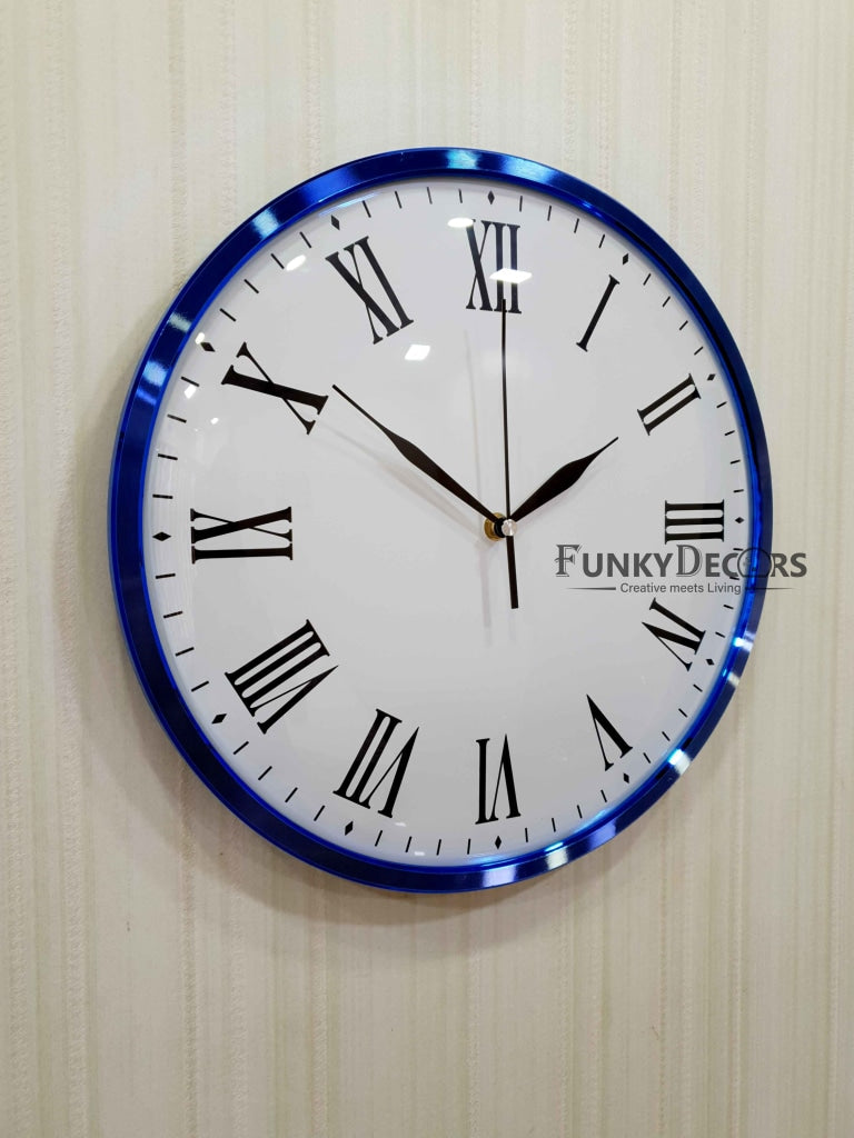 FunkyDecors Minimal Blue White Wall Clock Watch Decor For Home Office And Gifts 36 Cm Tall Clocks