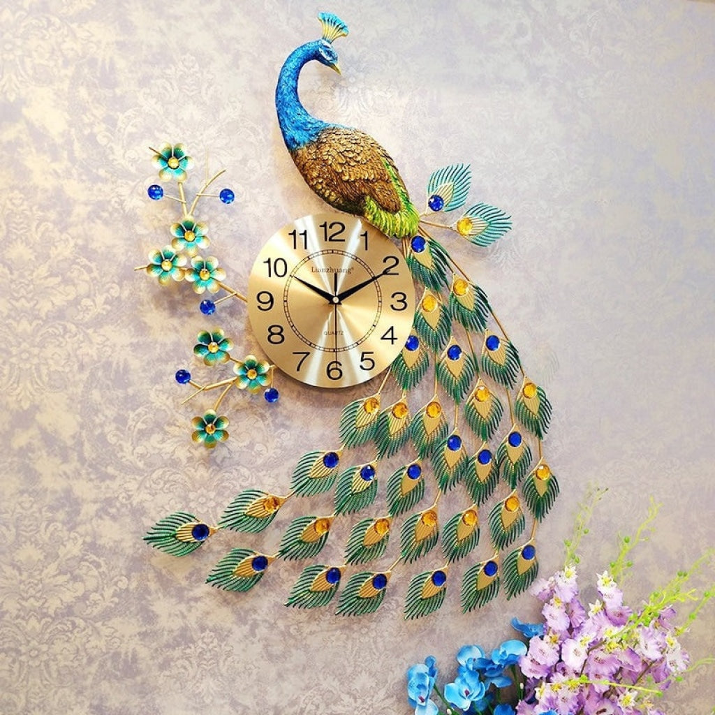 Funkytradition Modern Minimalist Creative Clock Big Peacock Colorful Metal Wall Watch Decor For Home