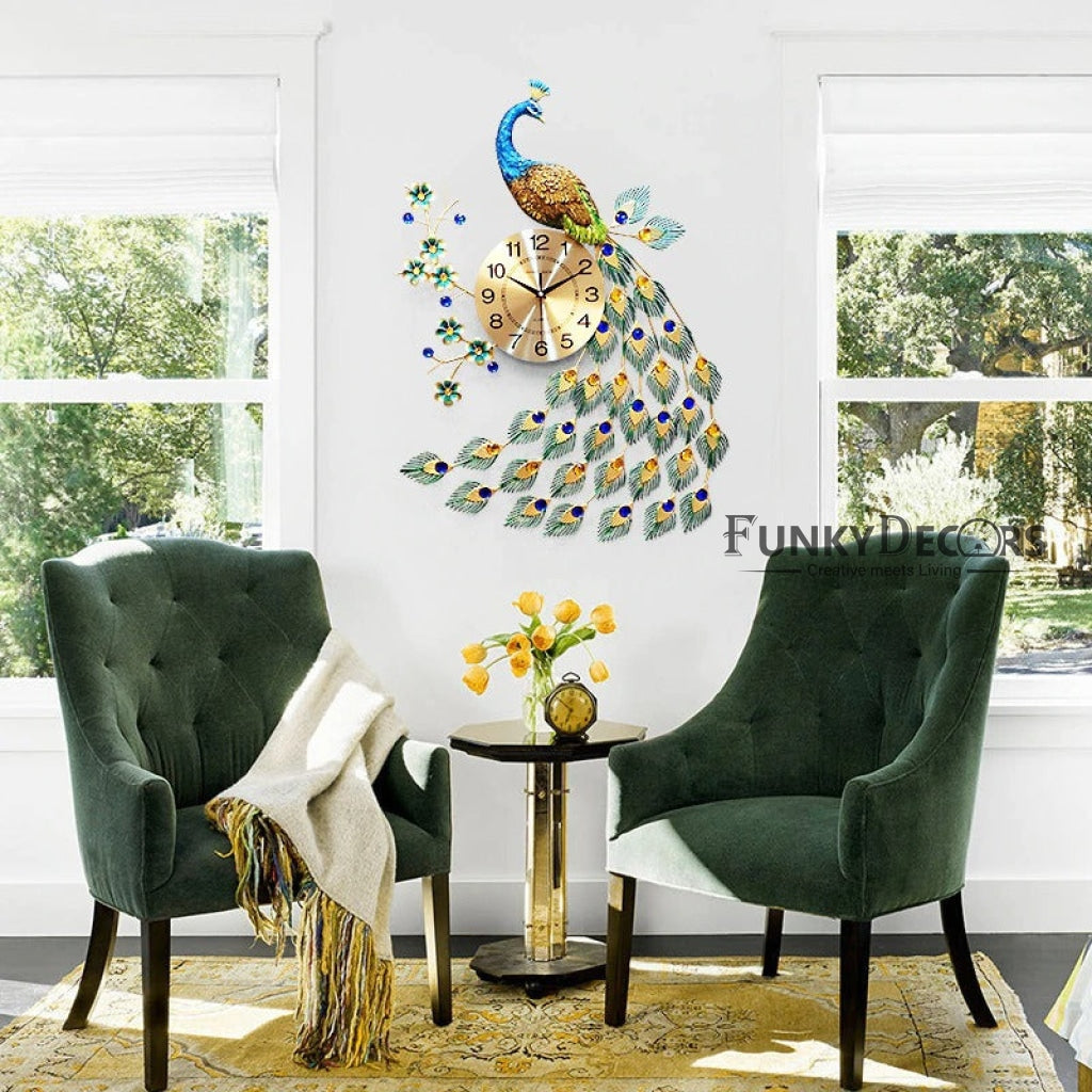 FunkyDecors Modern Minimalist Creative Clock Big Peacock Colorful Metal Wall Watch Decor For Home