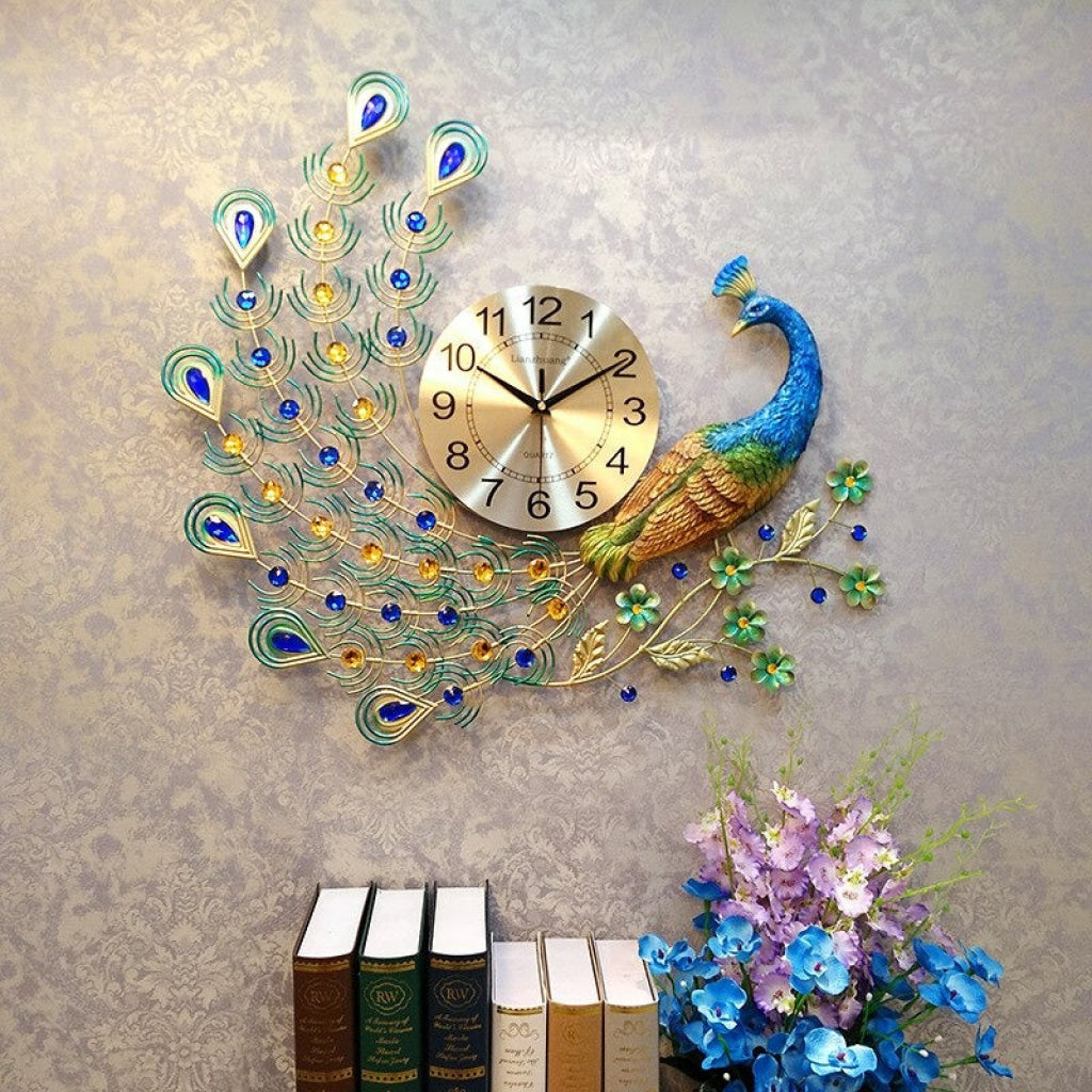 Funkytradition Modern Minimalist Creative Clock Big Peacock Colorful Metal Wall Watch Decor For Home
