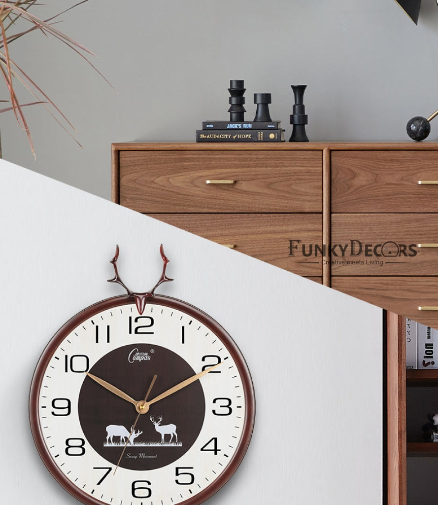 Funkytradition Oak Reindeer Wall Clock Watch Decor For Home Office And Gifts 35 Cm Tall Clocks