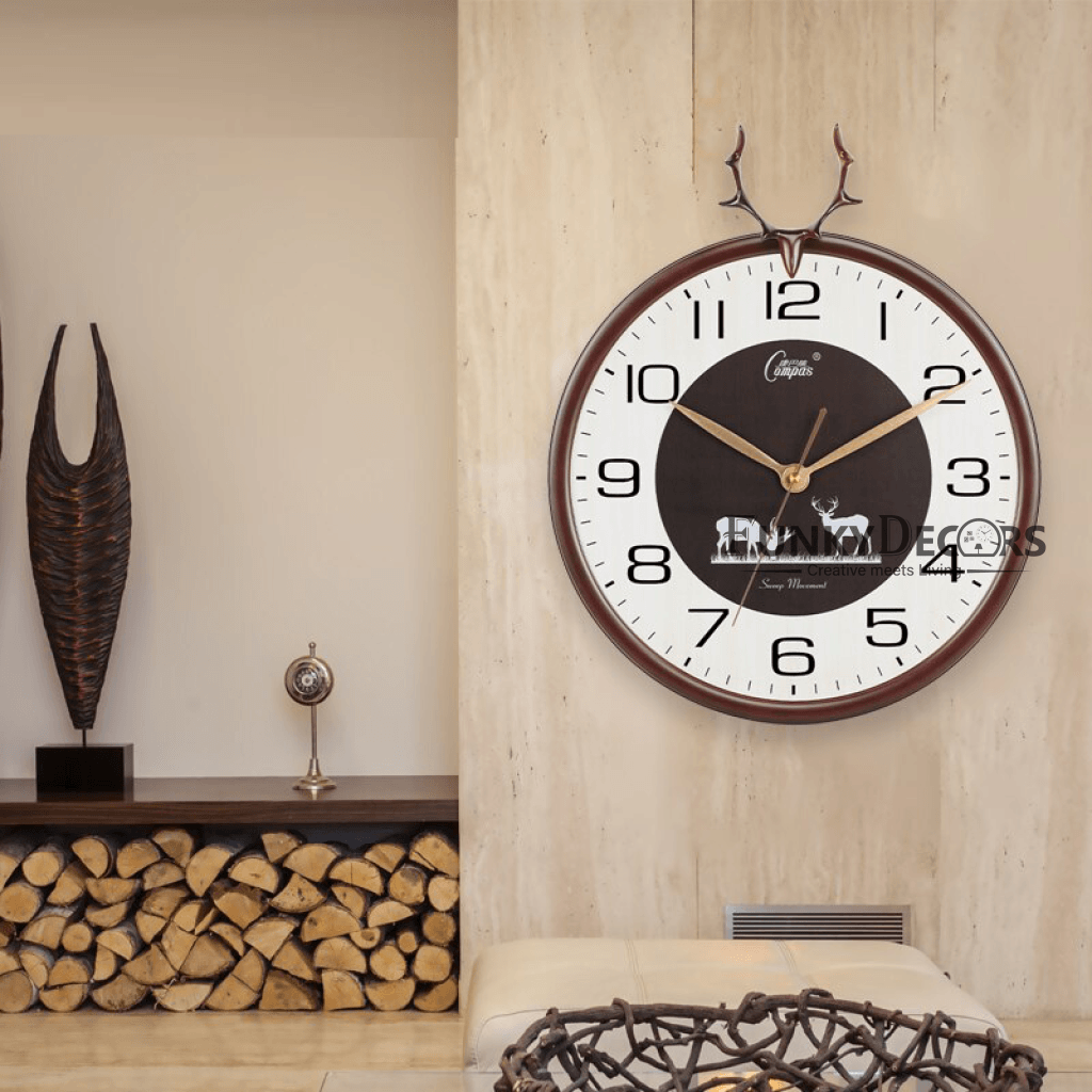 Funkytradition Oak Reindeer Wall Clock Watch Decor For Home Office And Gifts 35 Cm Tall Clocks